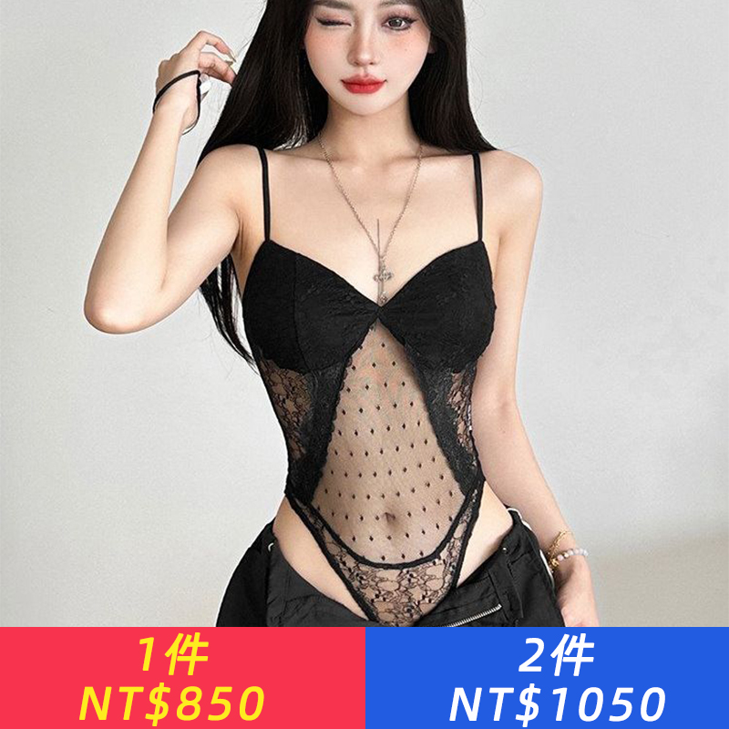 火爆新款超A禁欲系御姐風圓點印花修身吊帶女 性感鏤空顯瘦連體衣